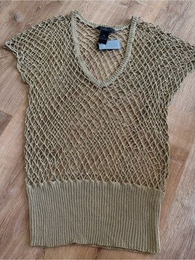 Open-Knit V-Neck Mesh Top with glass beads